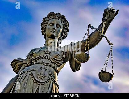 04.10.2023, xblx, Justiz, Justitia mit Waage und Schwert im Gerechtigkeitsbrunnen auf dem Römerberg in Frankfurt, Frankfurt am Main *** 04 10 2023, xblx, Justitia mit Waage und Schwert in der Quelle der Gerechtigkeit am Römerberg in Frankfurt, Frankfurt am Main Credit: Imago/Alamy Live News Stockfoto