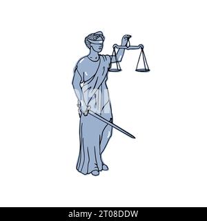 Blaue handgezeichnete Statue der antiken römischen Göttin Lady Justice Stock Vektor