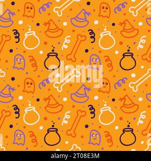 Buntes, nahtloses Muster für Halloween-Partys. Süße orangefarbene, violette, weiße Elemente. Doodle-Hintergrund-Illustration der Herbstdekoration Stock Vektor