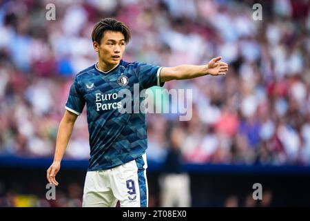 Madrid, Spanien. Oktober 2023. Madrid - Ayase Ueda von Feyenoord während der zweiten Etappe der Gruppenphase der UEFA Champions League zwischen Atletico Madrid und Feyenoord im Estadio Metropolitano am 4. Oktober 2023 in Madrid. Credit: Box to Box Pictures/Alamy Live News Stockfoto