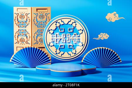 Hintergrund im blauen chinesischen Stil, 3D-Rendering. Digitale Zeichnung. Stockfoto