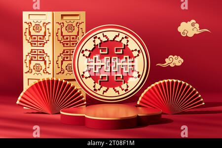 Hintergrund im Stil Rot chinesisch, 3D-Rendering. Digitale Zeichnung. Stockfoto