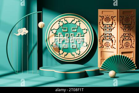 Hintergrund im grünen chinesischen Stil, 3D-Rendering. Digitale Zeichnung. Stockfoto