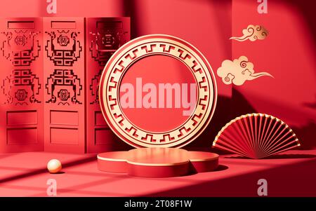 Hintergrund im Stil Rot chinesisch, 3D-Rendering. Digitale Zeichnung. Stockfoto