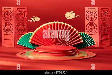 Hintergrund im Stil Rot chinesisch, 3D-Rendering. Digitale Zeichnung. Stockfoto