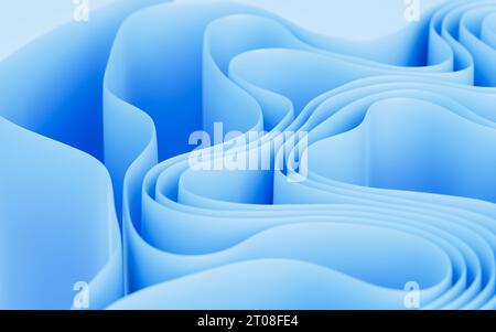 Abstrakte, fließende Kurven, gefaltete Bänder, modische Tapeten mit welligen Schichten. Digitale Zeichnung. Stockfoto