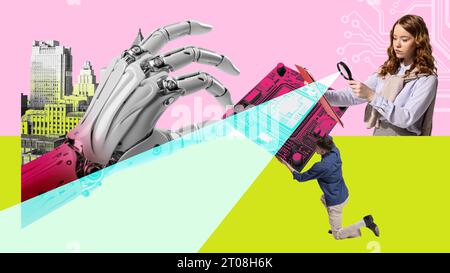 Junge Menschen, die an der Entwicklung technischer Unterstützung für die Projektentwicklung arbeiten. Zeitgenössische Kunstcollage. Stockfoto