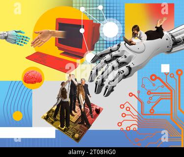 Junge Menschen, Arbeitnehmer, die an der Schaffung von Netzdiensten und der Softwareentwicklung arbeiten. Zeitgenössische Kunstcollage. Stockfoto
