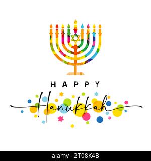 Happy Hanukkah Karte mit elegantem Schriftzug und farbiger Hanuka Menora. Jüdisches Lichterfest Webbanner mit Kalligraphie und Menora. Vektorkarte Stock Vektor