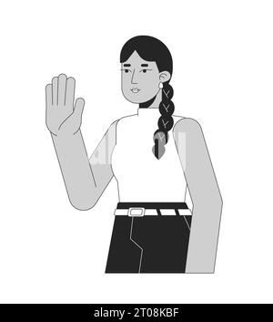 Winkende hübsche indische Frau mit langer geflochtener schwarz-weißer 2D-Zeichentrickfigur Stock Vektor