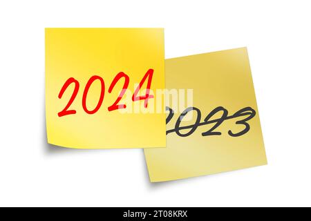 2024 und 2023 geschrieben auf gelben Haftnotizen isoliert auf weißem Hintergrund, Neujahrsbild Stockfoto