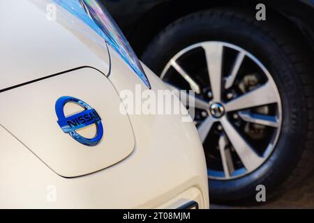 nissan-Ornament auf der Motorhaube eines Elektroautos mit weißem Blatt. Nahaufnahme im Freien Stockfoto