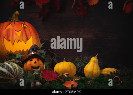 Halloween Hintergrund mit Kürbissen, Kastanien, Blättern und Halloween Dekoration vor der Holzwand Stockfoto