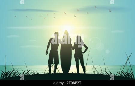 Surfer-Silhouette mit am Strand Stock Vektor