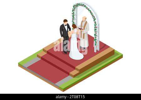 Das isometrische Brautpaar und der Priester stehen draußen. Der Priester liest den Text aus der Bibel. Die Hochzeitszeremonie Stock Vektor