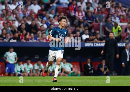 Ayase Ueda von Feyenoord während des Fußballspiels der Gruppe E zwischen Atletico de Madrid und Feyenoord am 4. Oktober 2023 im Civitas Metropolitano Stadion in Madrid Stockfoto