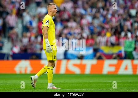 Madrid, Spanien. Oktober 2023. Timon Wellenreuther aus Feyenoord spielte am 4. Oktober 2023 im Civitas Mertropolitano Stadium in Madrid, Spanien, während des UEFA Champions League-Spiels, Gruppe E, zwischen Atletico de Madrid und Feyenoord. (Foto: Cesar Cebolla/PRESSINPHOTO) Credit: PRESSINPHOTO SPORTS AGENCY/Alamy Live News Stockfoto