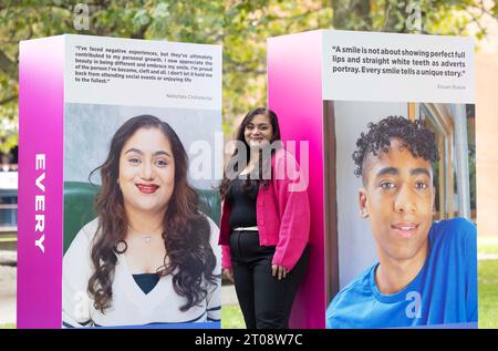 Nishchala Chitradurga, 23 auf einer Ausstellung in London, „Beauty in Every Smile“, die in Zusammenarbeit mit der CLAFT-Wohltätigkeitsorganisation Smile Train UK vorgestellt wurde. Bilddatum: Donnerstag, 5. Oktober 2023. Stockfoto