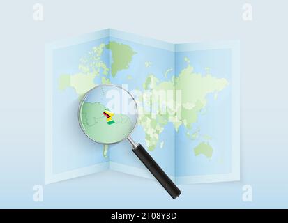 Eine gefaltete Weltkarte mit einer Lupe, die nach Guyana zeigt. Karte und Flagge von Italien in Loupe. Vektorabbildung in blauem Farbton. Stock Vektor
