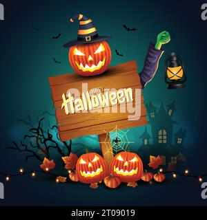 Holzbrett mit Teufelshut. Happy Halloween Poster, Flyer, Banner kreatives Design. vektor Illustration Design Stock Vektor