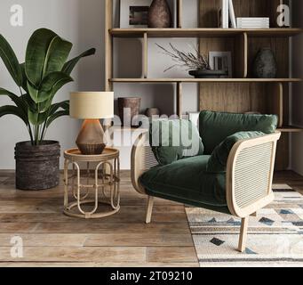 Boho beige Wohnzimmer mit Palmenpflanze, Korbmöbeln und Sessel Hintergrund. Helle, moderne japanische Natur-Inneneinrichtung. 3D-Rendering. Hohe Qualität 3D Stockfoto