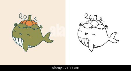 Cartoon HalloweenWhale Clipart für Malseite und Illustration Stock Vektor