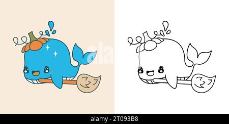 Kawaii Clipart Halloween Whale Illustration und für Malseite. Stock Vektor