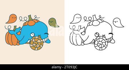 Niedliches Halloween Whale Clipart für Malseite und Illustration Stock Vektor