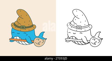 Niedliche HalloweenWhale Clipart Illustration und Schwarz-weiß Stock Vektor