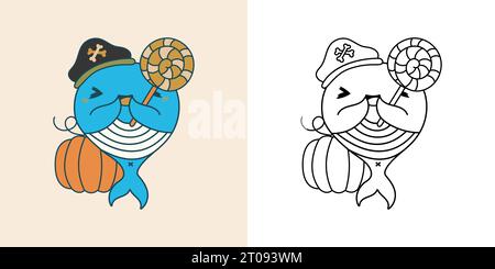 Kawaii Halloween Whale Clipart, mehrfarbig und schwarz und weiß Stock Vektor