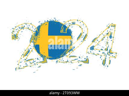 2024 Jahre im Grunge-Stil mit der Flagge Schwedens. Vektorillustration für Feiertagsgrunge. Stock Vektor