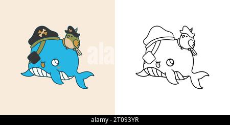 Setze Clipart Halloween Whale Coloring Page und farbige Illustration Stock Vektor