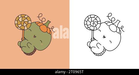 Setze Clipart Halloween Schildkröte Malseite und farbige Illustration. Stock Vektor