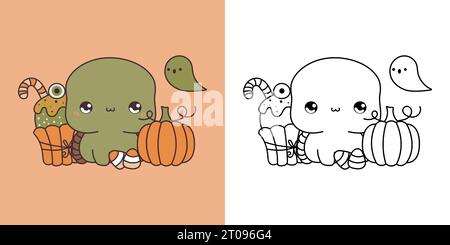 Niedliche Halloween Schildkröte Clipart Illustration und Schwarz-weiß. Stock Vektor