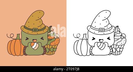 Kawaii Clipart Halloween Schildkröte Illustration und für Ausmalseite. Stock Vektor