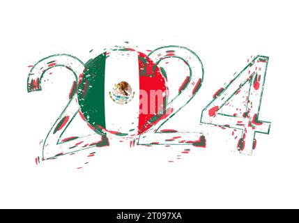 2024 Jahre im Grunge-Stil mit der Flagge von Mexiko. Vektorillustration für Feiertagsgrunge. Stock Vektor