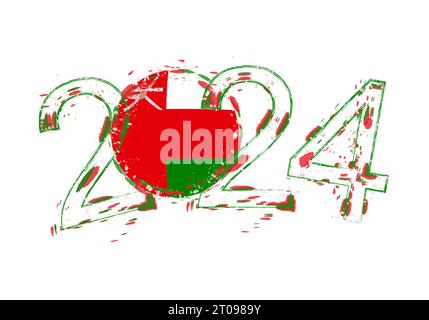 2024 Jahre im Grunge-Stil mit der Flagge des Oman. Vektorillustration für Feiertagsgrunge. Stock Vektor