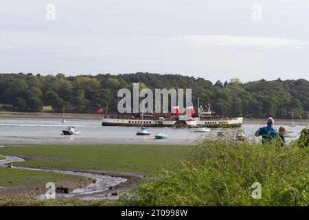 Ipswich, Großbritannien. Oktober 2023. Paddeldampfer Waverley auf dem Fluss Orwell in der Nähe von Ipswich auf dem Weg nach Clacton heute Morgen. Dies ist Teil von Waverleys Ausflügen in London und die Themse in diesem Herbst. Waverley ist der letzte Raddampfer, der Passagiere in der Welt mitnimmt. Credit:Eastern Views/Alamy Live News Stockfoto