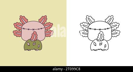 Kawaii Halloween-Axolotl, mehrfarbig und schwarz und weiß. Wunderschöner Clip Art Halloween Salamander. Stock Vektor
