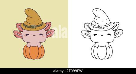 Set Halloween Axolotl mehrfarbig und Schwarz und weiß. Kawaii Clip Art Halloween Salamander. Stock Vektor