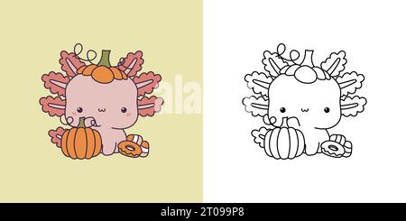 Clipart Halloween Axolotl mehrfarbig und schwarz und weiß. Niedlicher Clip Art Halloween Salamander. Stock Vektor