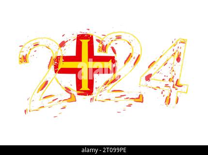 2024 Jahre im Grunge-Stil mit der Flagge von Guernsey. Vektorillustration für Feiertagsgrunge. Stock Vektor