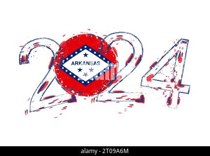 2024 Jahre im Grunge-Stil mit der Flagge von Arkansas. Vektorillustration für Feiertagsgrunge. Stock Vektor