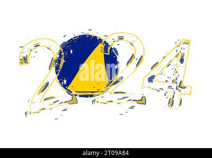2024 Jahre im Grunge-Stil mit der Flagge von Tokelau. Vektorillustration für Feiertagsgrunge. Stock Vektor