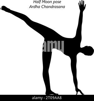 Silhouette einer Frau, die Yoga-Half-Moon-Pose macht oder Ardha Chandrasana. Mittlere Schwierigkeit. Isolierte Vektordarstellung. Stock Vektor