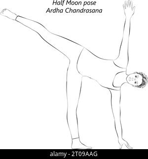 Skizze einer jungen Frau, die Yoga-Half-Moon-Pose macht oder Ardha Chandrasana. Mittlere Schwierigkeit. Isolierte Vektordarstellung. Stock Vektor