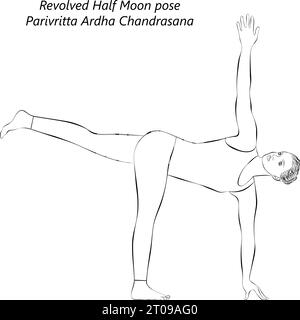 Skizze einer jungen Frau, die Yoga macht, Drehhalf Moon Pose oder Parivritta Ardha Chandrasana. Mittlere Schwierigkeit. Isolierte Vektordarstellung. Stock Vektor