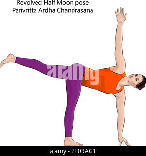 Junge Frau, die Yoga macht, Revolved Half Moon Pose oder Parivritta Ardha Chandrasana. Mittlere Schwierigkeit. Isolierte Vektordarstellung. Stock Vektor