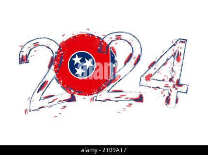 2024 Jahre im Grunge-Stil mit der Flagge von Tennessee. Vektorillustration für Feiertagsgrunge. Stock Vektor