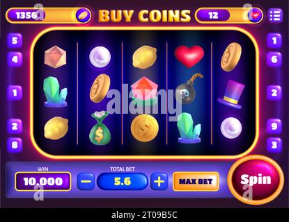 Casino Slots Gameplay Hauptbildschirm. Symbole, Zeichentrickelemente oder Schaltflächen für Glücksspiele. Entwerfen Sie Elemente, Assets und Glückssymbole für die mobile Glücksspielanwendung oder den Vektor von Spielautomaten. Stock Vektor